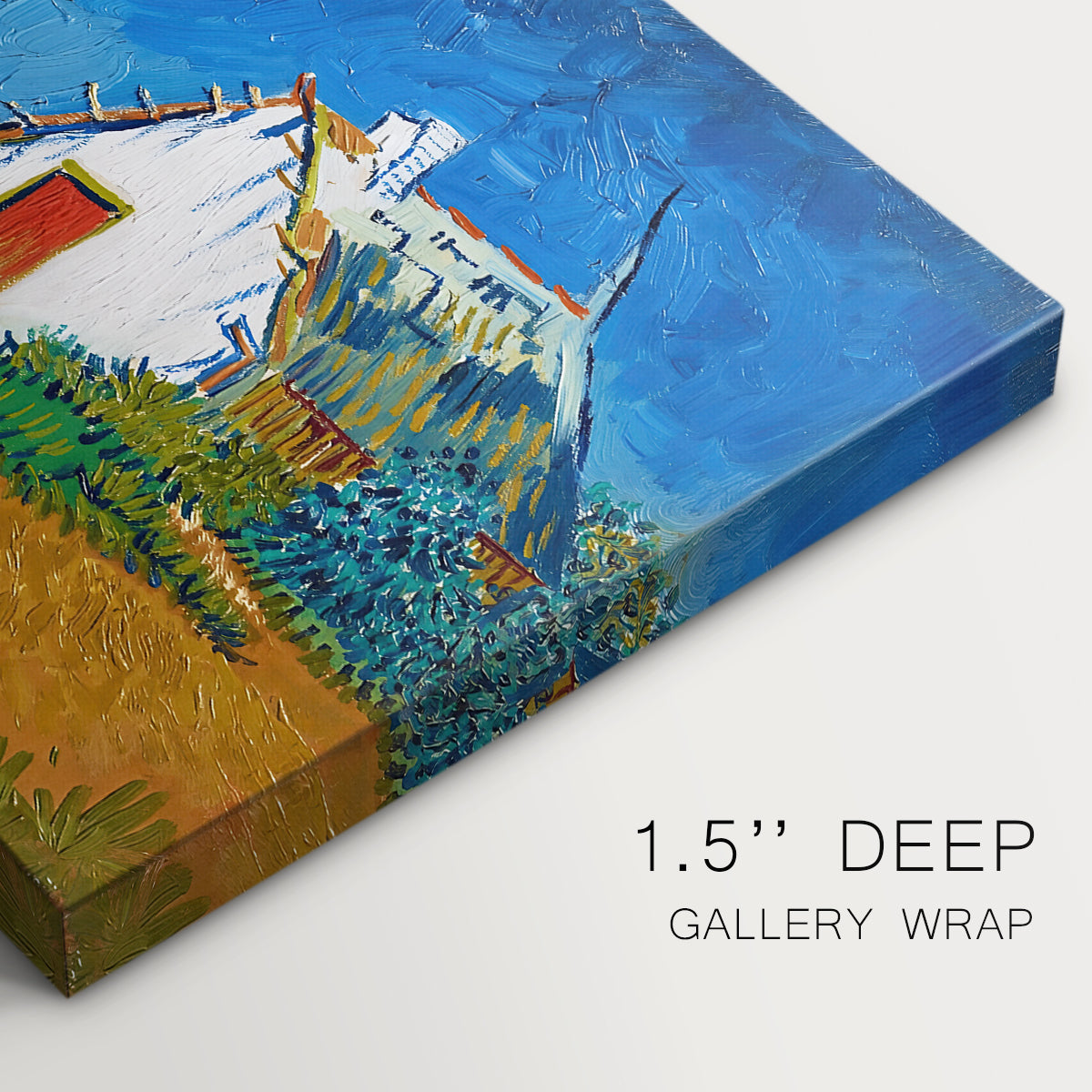 Canvas art print of white cottages grouped together with bold colors and surrounding landscape, highlighting texture and gallery-wrapped edges