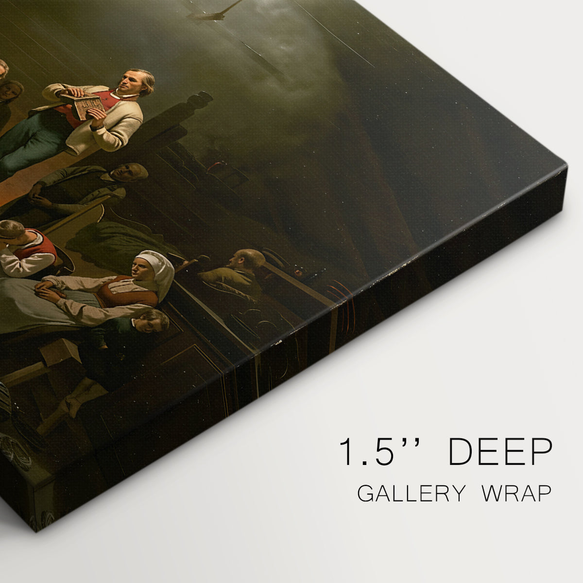 Canvas art print of a group of worshippers gathered in a dark interior engaged in religious devotion, highlighting texture and gallery-wrapped edges