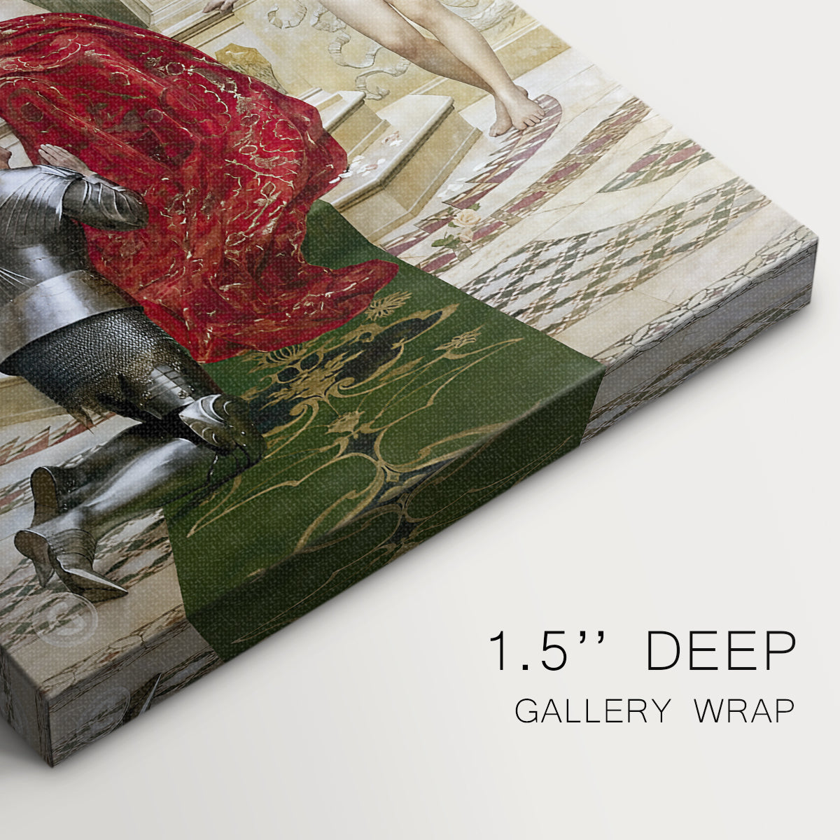 Close-up of a gallery-wrapped canvas corner showing a decorative scene with figure and vivid environment, highlighting texture and print detail.