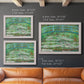 Impressionist garden scene with Japanese bridge and water lilies by Claude Monet in an ornate weathered white frame shown in multiple size options.