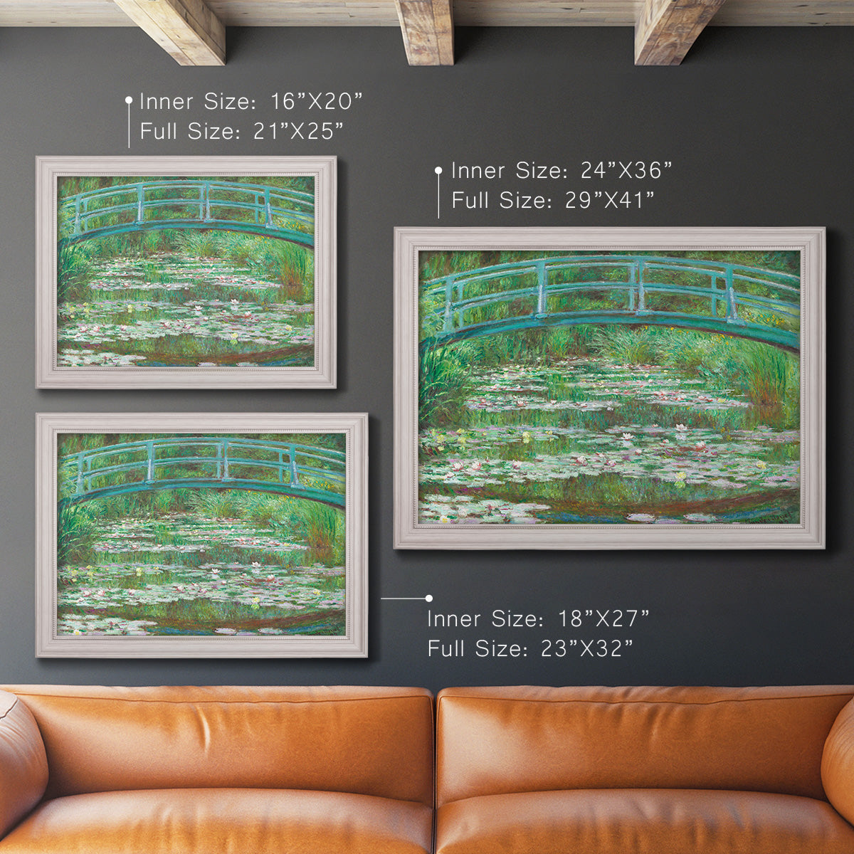 Impressionist garden scene with Japanese bridge and water lilies by Claude Monet in an ornate weathered white frame shown in multiple size options.