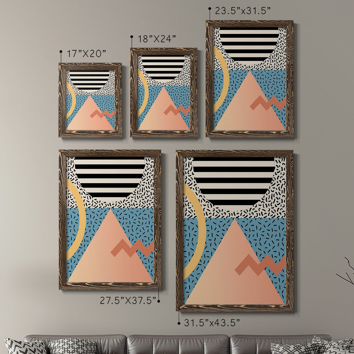 Size comparison chart for a set of two walnut barnwood framed canvas prints.