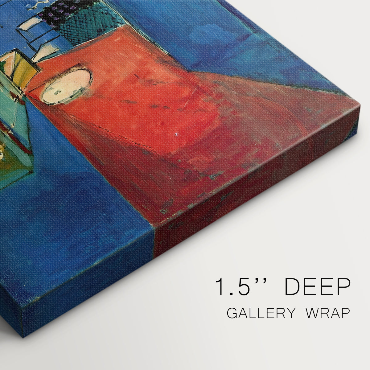 Close-up of a gallery-wrapped canvas corner showing a bright architectural view with simplified perspective, highlighting texture and print detail.