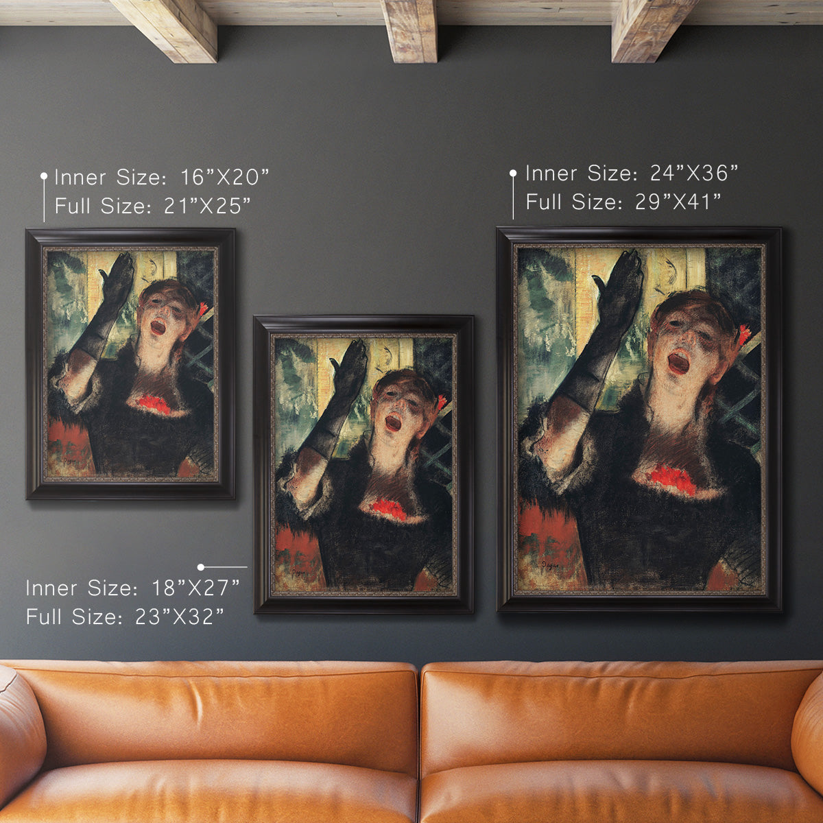 Impressionist portrait of a café singer by Edgar Degas in an ornate black frame with gilded inner detail shown in multiple vertical size options.