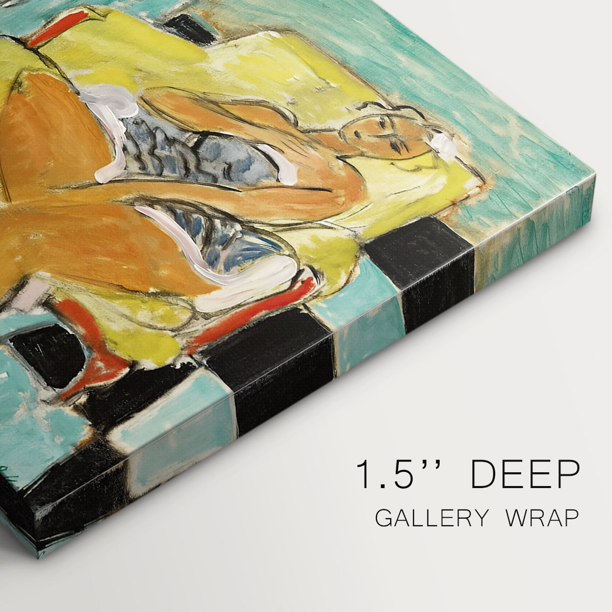 Canvas art print of a seated woman posed with a flower in a bright interior, highlighting texture and gallery-wrapped edges