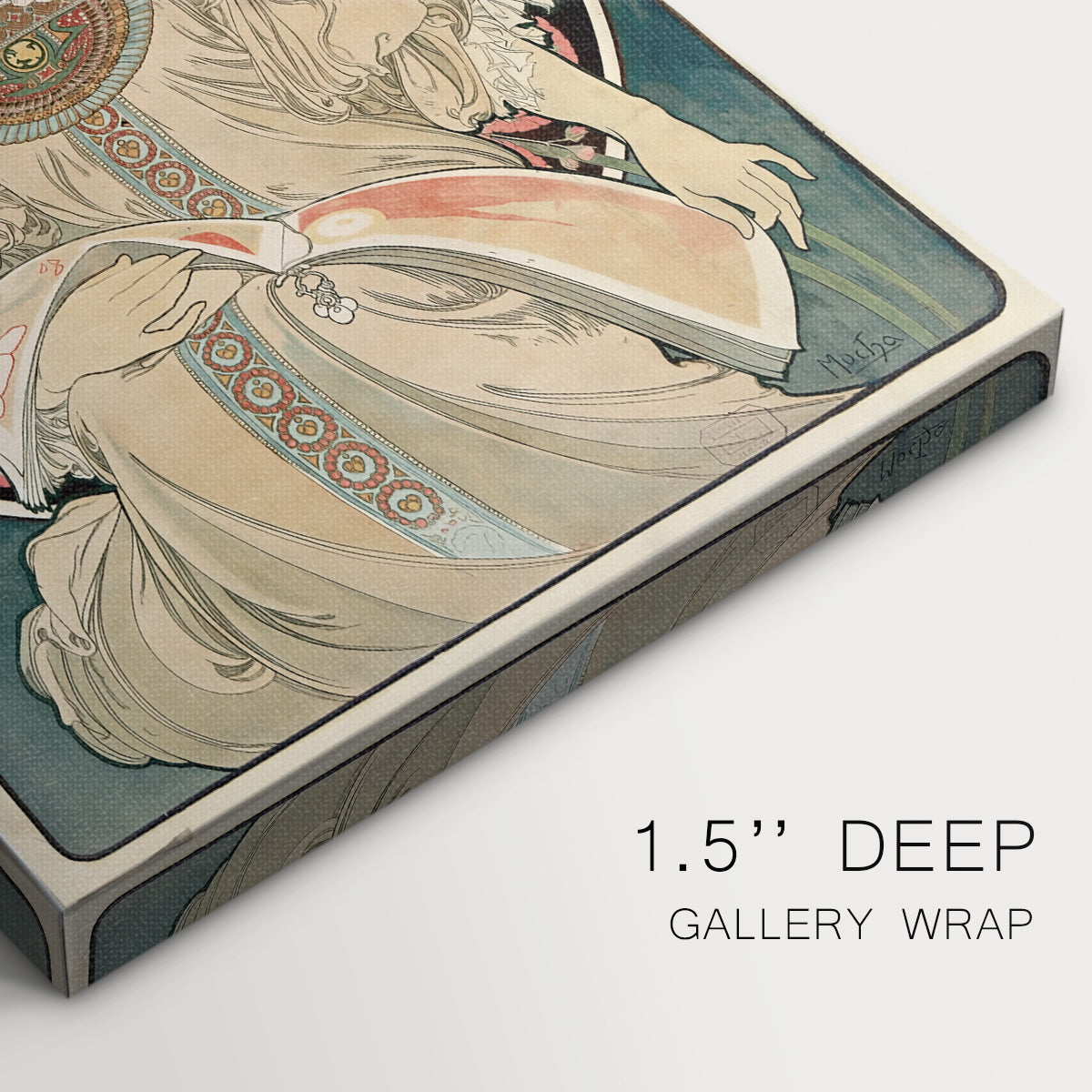 Close-up of a gallery-wrapped canvas corner showing a vintage illustration conveying a dreamy and introspective atmosphere, highlighting texture and print detail.