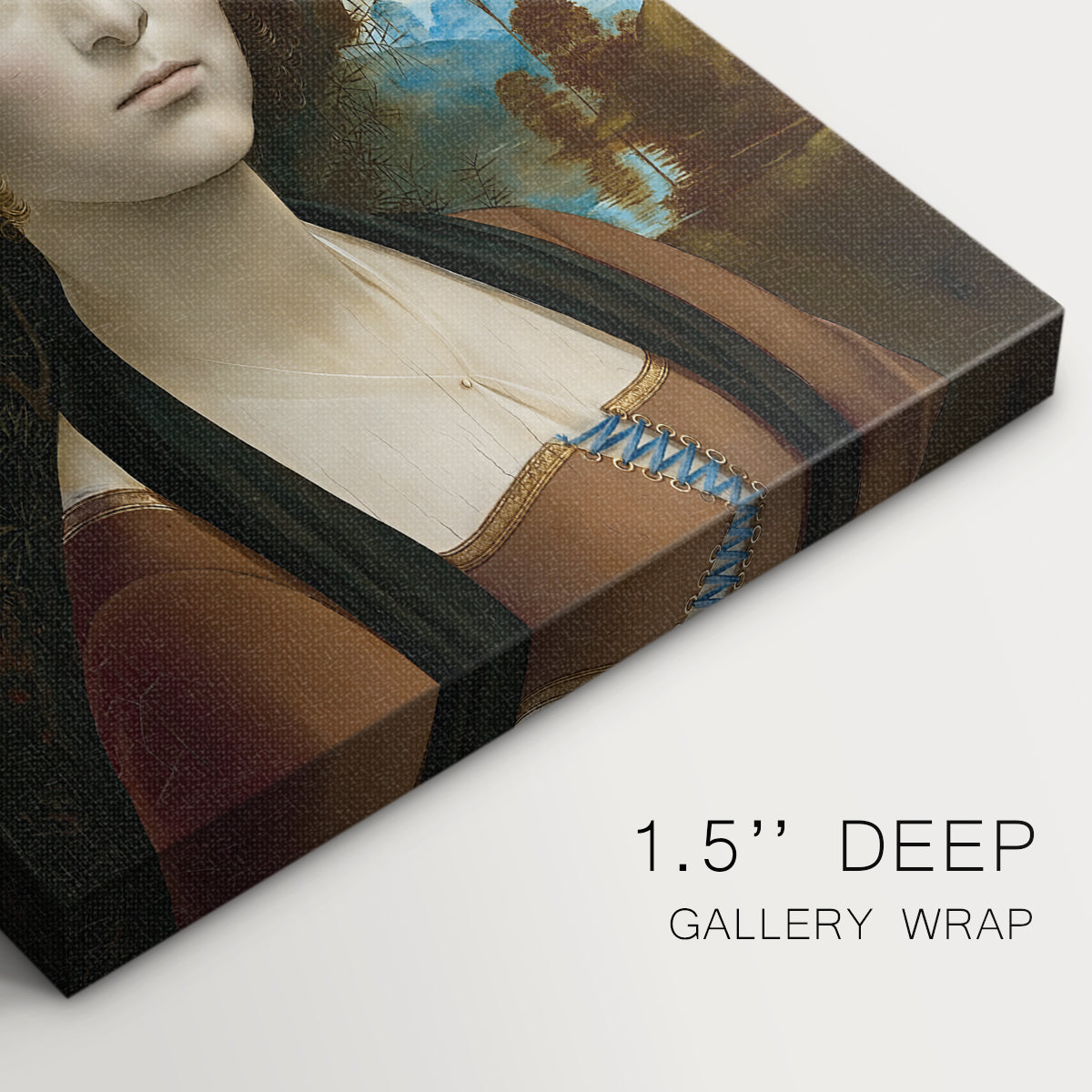 Close-up of a gallery-wrapped canvas corner showing a balanced image with minimal detail and depth, highlighting texture and print detail.