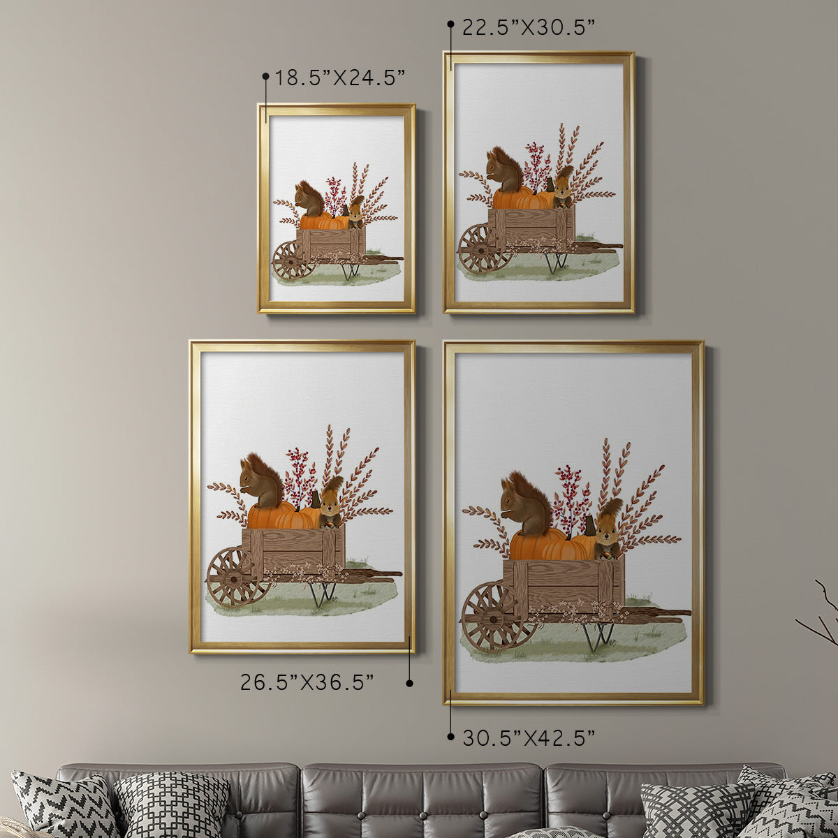 Squirrels In Pumpkin Wheelbarrow - Modern Framed Canvas Print