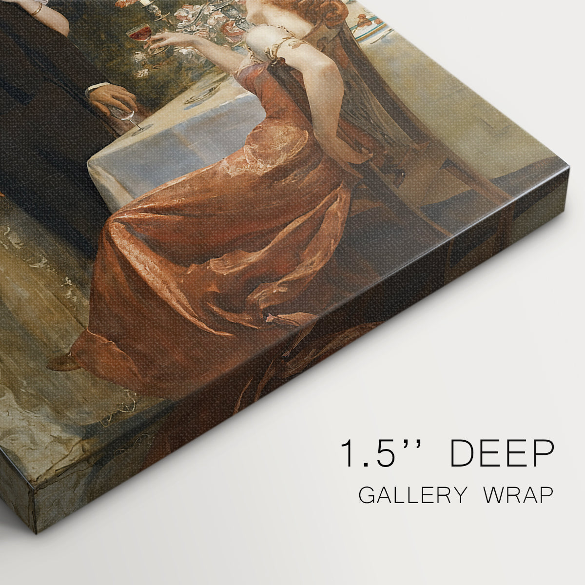 Close-up of a gallery-wrapped canvas corner showing a vivid setting with figure and natural elements, highlighting texture and print detail.