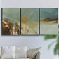 Three-panel canvas wall art featuring earth toned abstract solar landscape, displayed in a living room above a sofa.