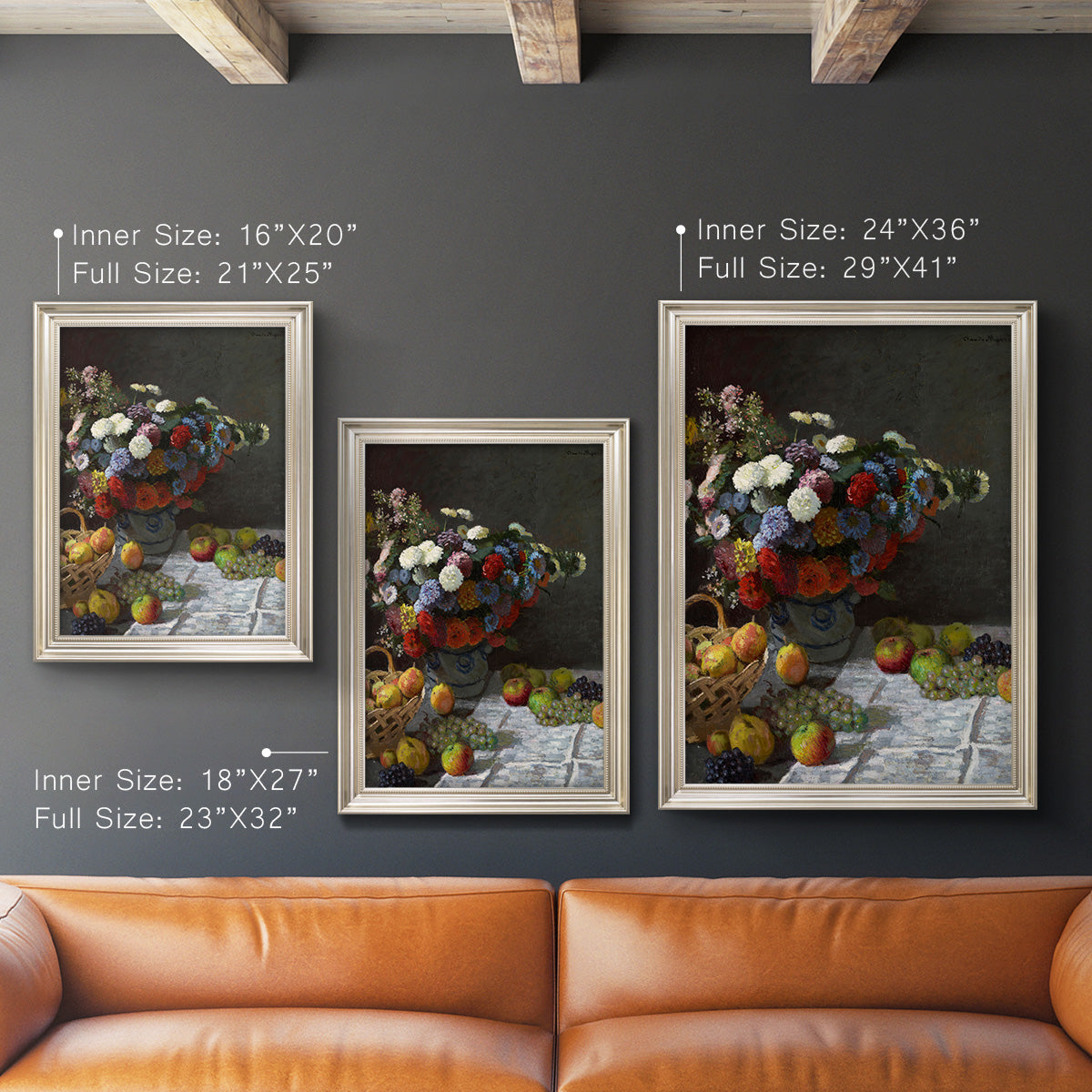 Impressionist floral still life painting by Claude Monet in an ornate champagne frame shown in multiple vertical size options.