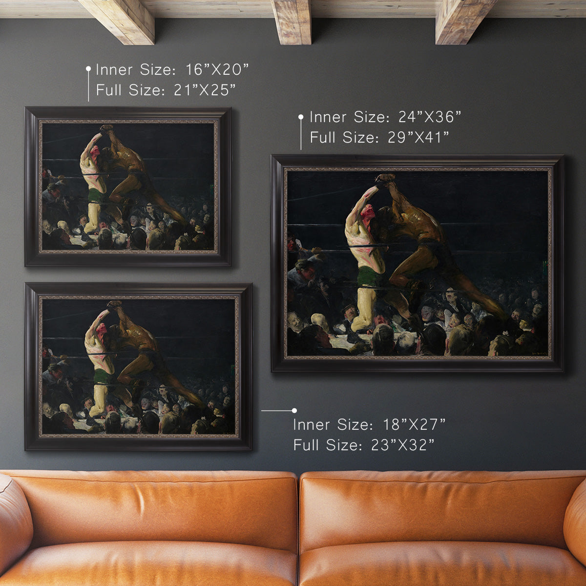 American genre painting of men in a social club by George Bellows in an ornate black frame with gilded inner detail shown in multiple size options.