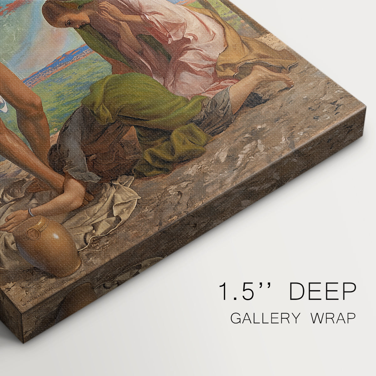 Close-up of a gallery-wrapped canvas corner showing a refined image with spiritual atmosphere, highlighting texture and print detail.