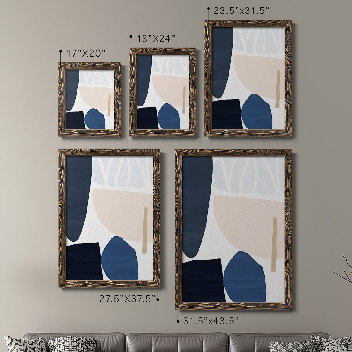Size comparison chart for a set of two walnut barnwood framed canvas prints.