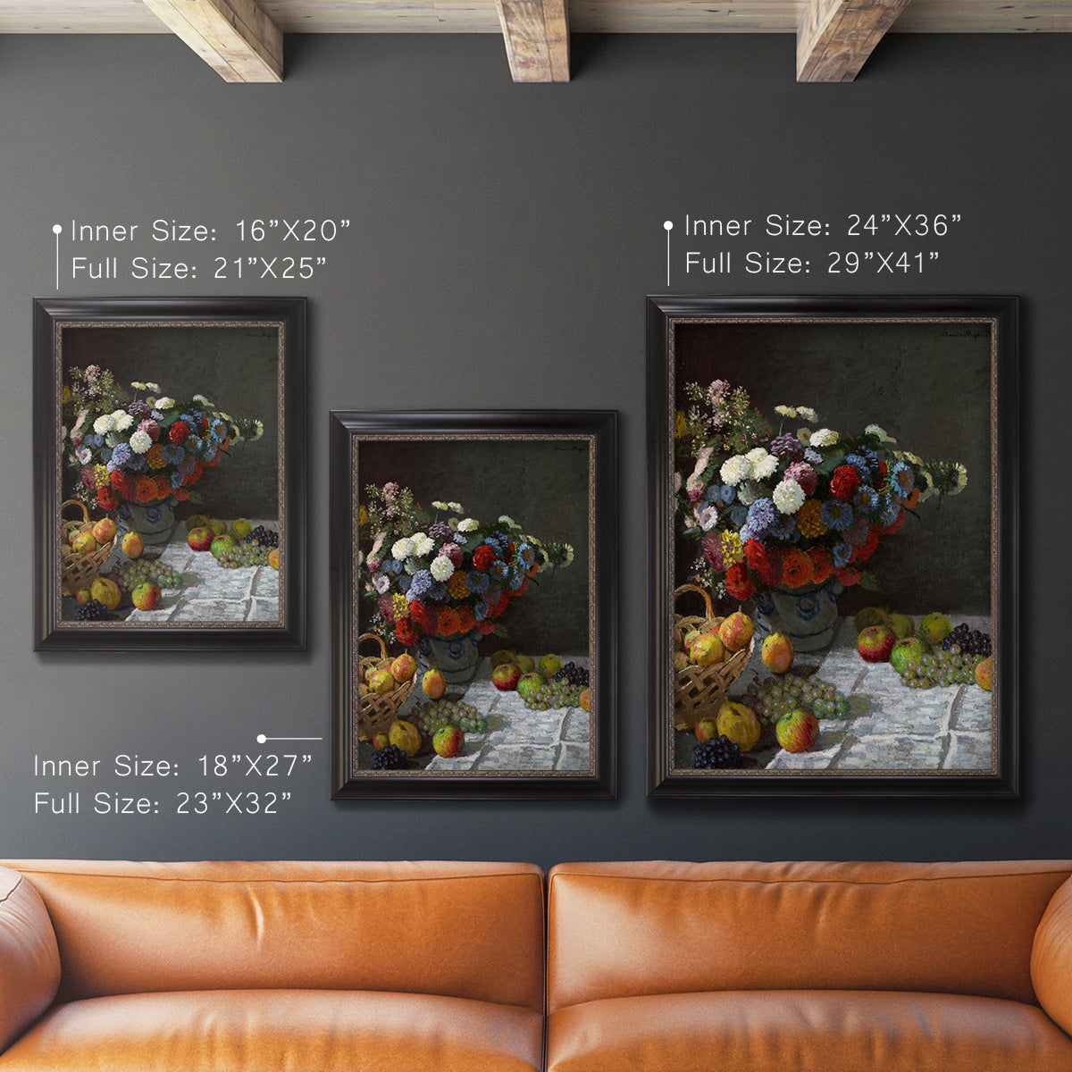 Impressionist floral still life painting by Claude Monet in an ornate black frame with gilded inner detail shown in multiple vertical size options.