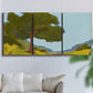 Three-panel canvas wall art featuring sunlit public park landscape view, displayed in a living room above a sofa.