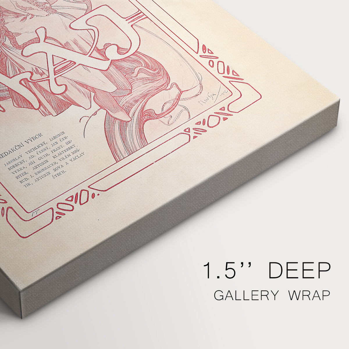 Close-up of a gallery-wrapped canvas corner showing a vintage illustration evoking spring with natural elements, highlighting texture and print detail.