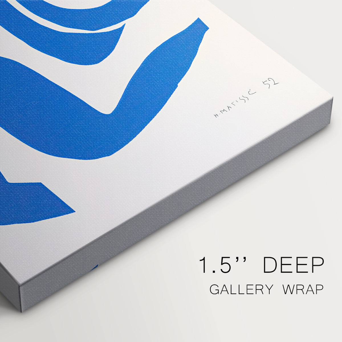 Close-up of a gallery-wrapped canvas corner showing an expressive composition with strong curves and contrast, highlighting texture and print detail.