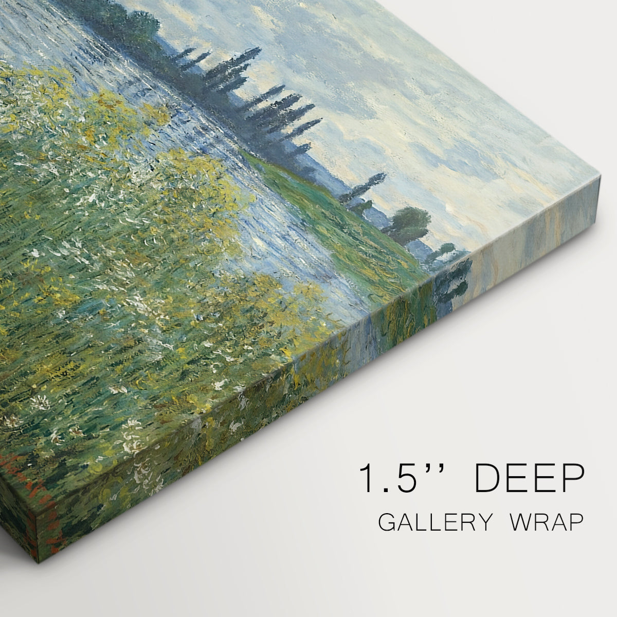 Canvas art print of a riverbank landscape with water, trees, and distant village buildings, highlighting texture and gallery-wrapped edges