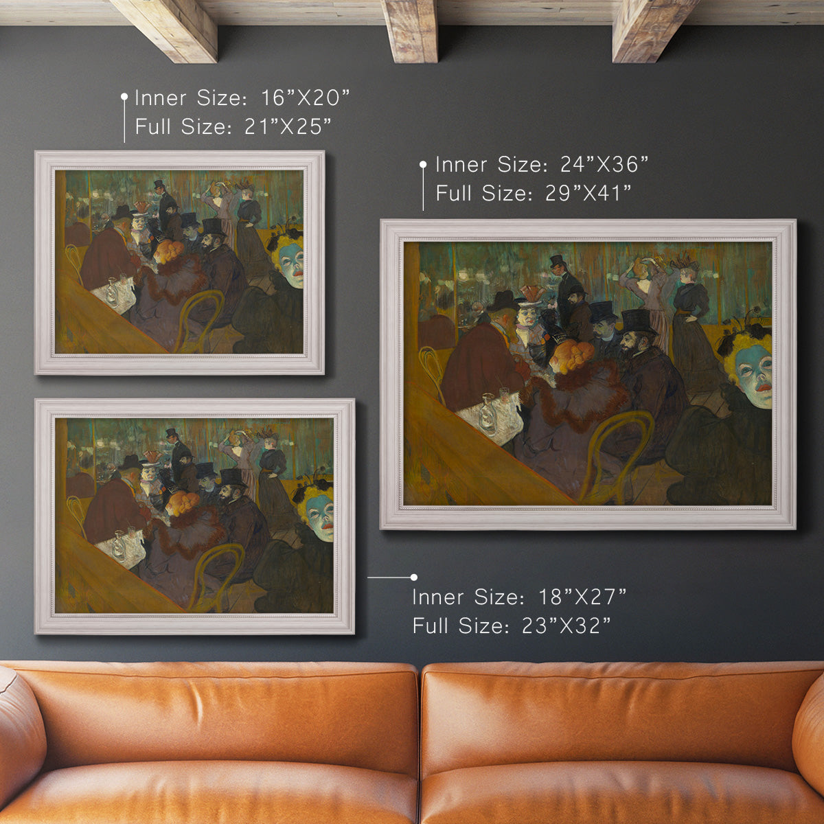 Impressionist cabaret interior scene by Henri de Toulouse-Lautrec in an ornate weathered white frame shown in multiple size options.