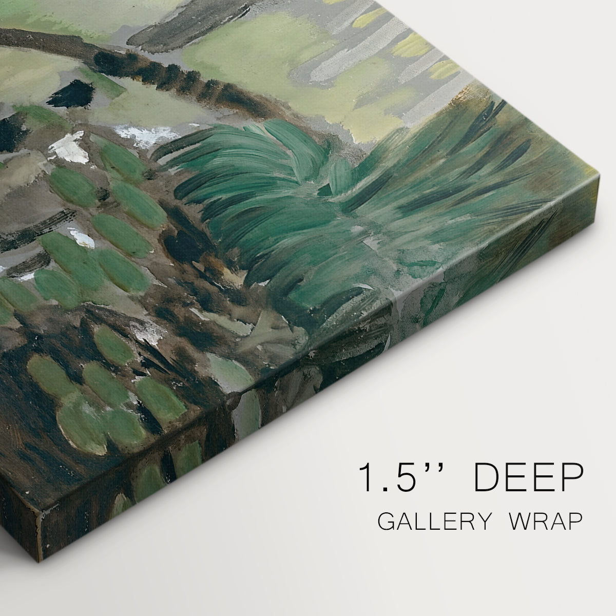 Canvas art print of a stream flowing through green landscape, highlighting texture and gallery-wrapped edges