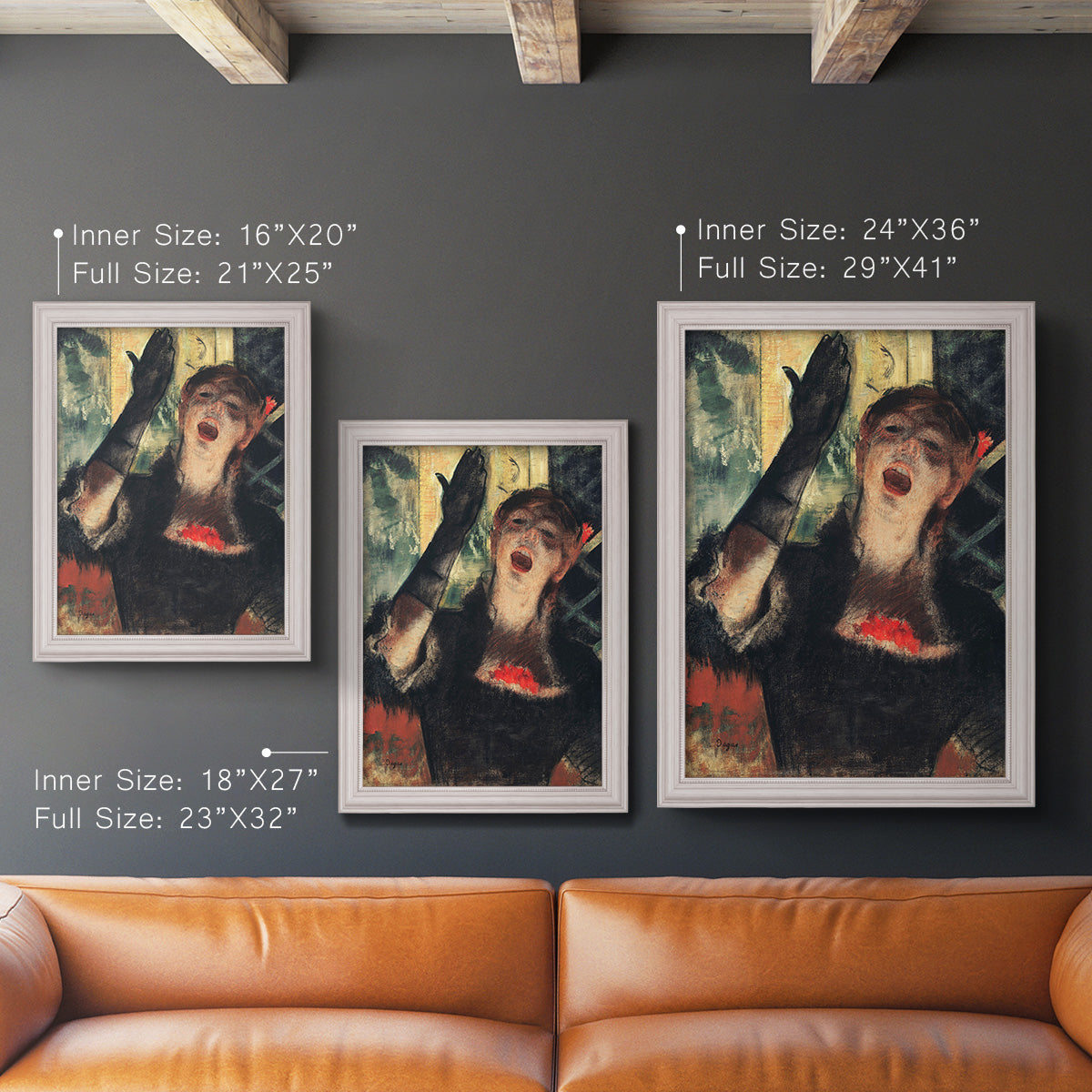 Impressionist portrait of a café singer by Edgar Degas in an ornate weathered white frame shown in multiple vertical size options.