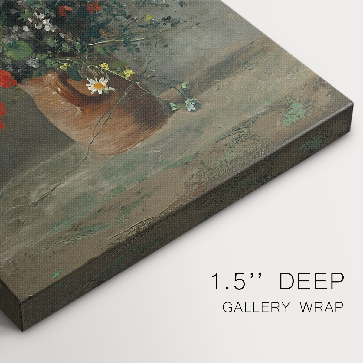 Close-up of a gallery-wrapped canvas corner showing a classic still life with soft textures and painterly detail, highlighting texture and print detail.
