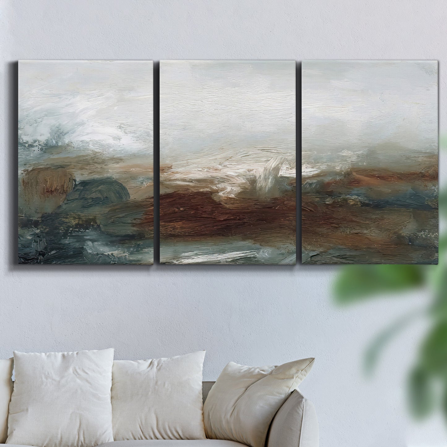 Three-panel canvas wall art featuring soft abstract evening light, displayed in a living room above a sofa.