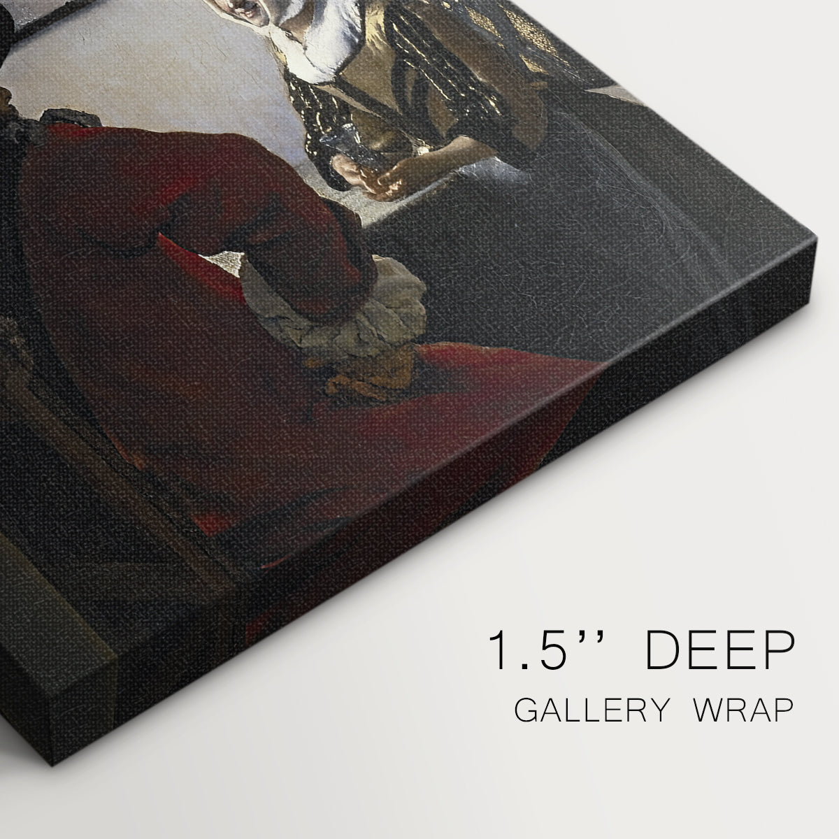 Close-up of a gallery-wrapped canvas corner showing a balanced interior with subtle narrative focus, highlighting texture and print detail.