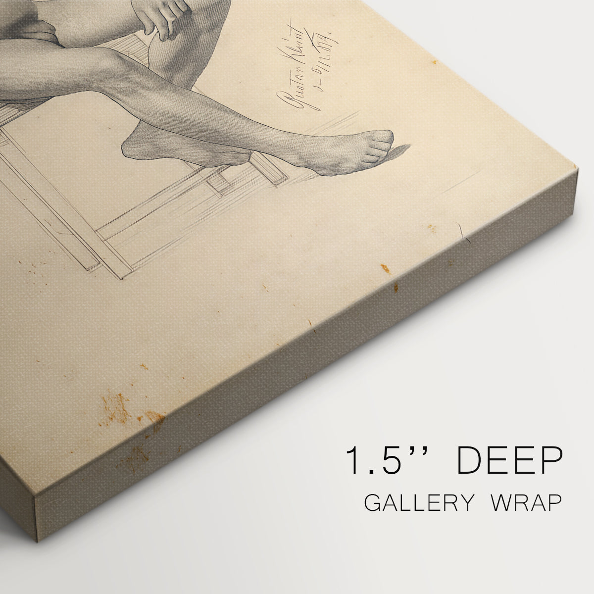 Close-up of a gallery-wrapped canvas corner showing a soft sketch capturing form and direction, highlighting texture and print detail.