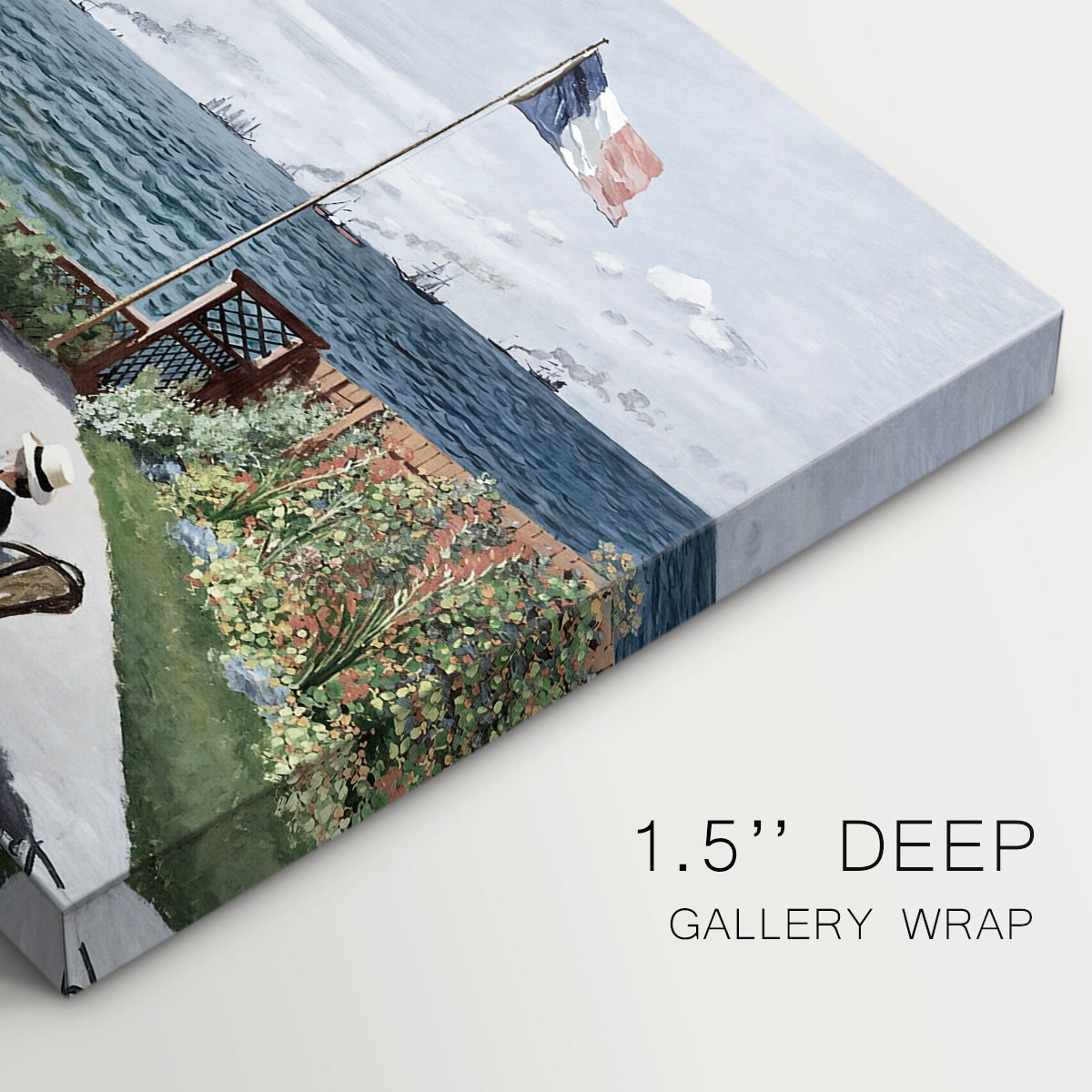 Canvas art print of a seaside garden with flowers, flags, and figures overlooking the water, highlighting texture and gallery-wrapped edges