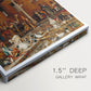 Close-up of a gallery-wrapped canvas corner showing a refined architectural scene with soft light and depth, highlighting texture and print detail.