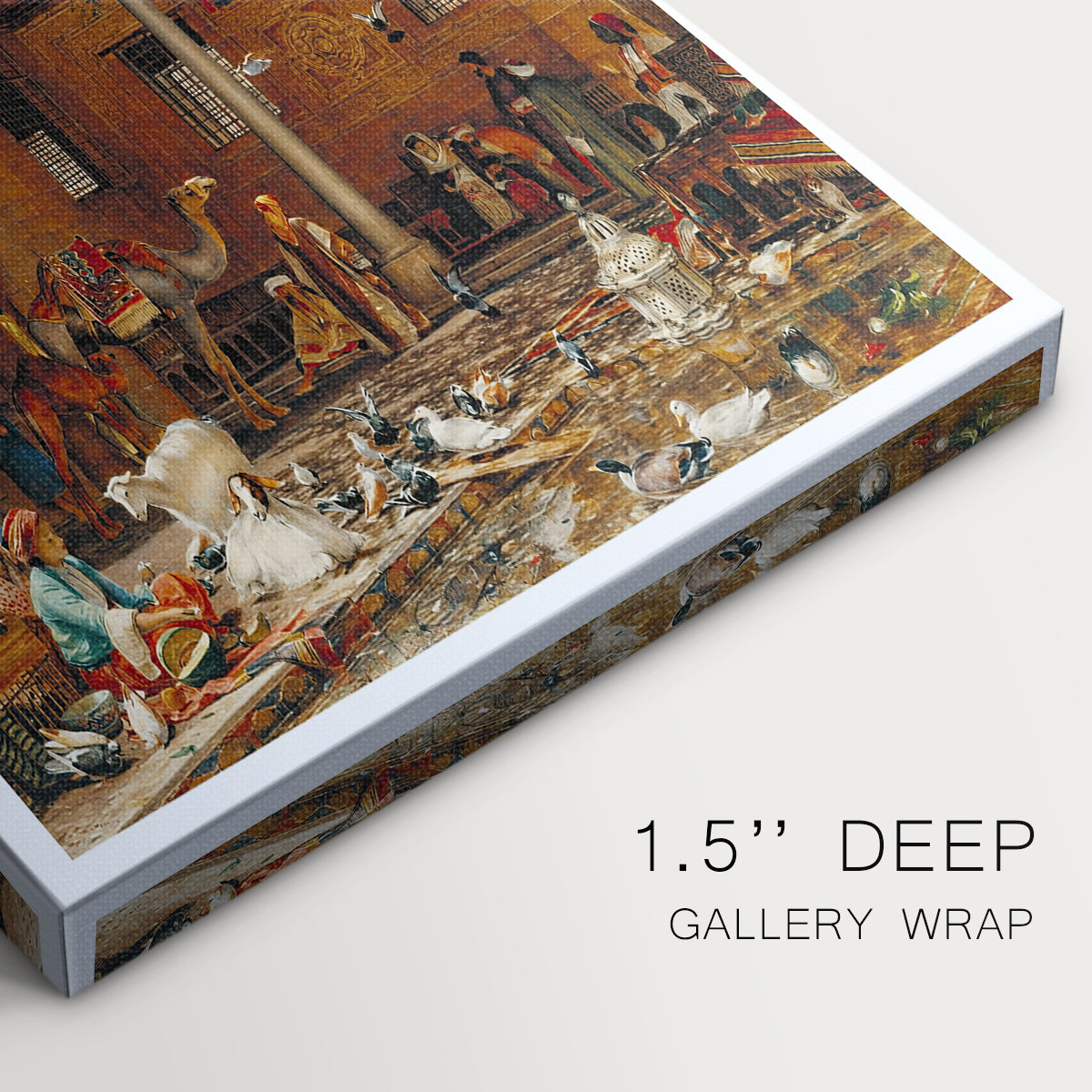 Close-up of a gallery-wrapped canvas corner showing a refined architectural scene with soft light and depth, highlighting texture and print detail.