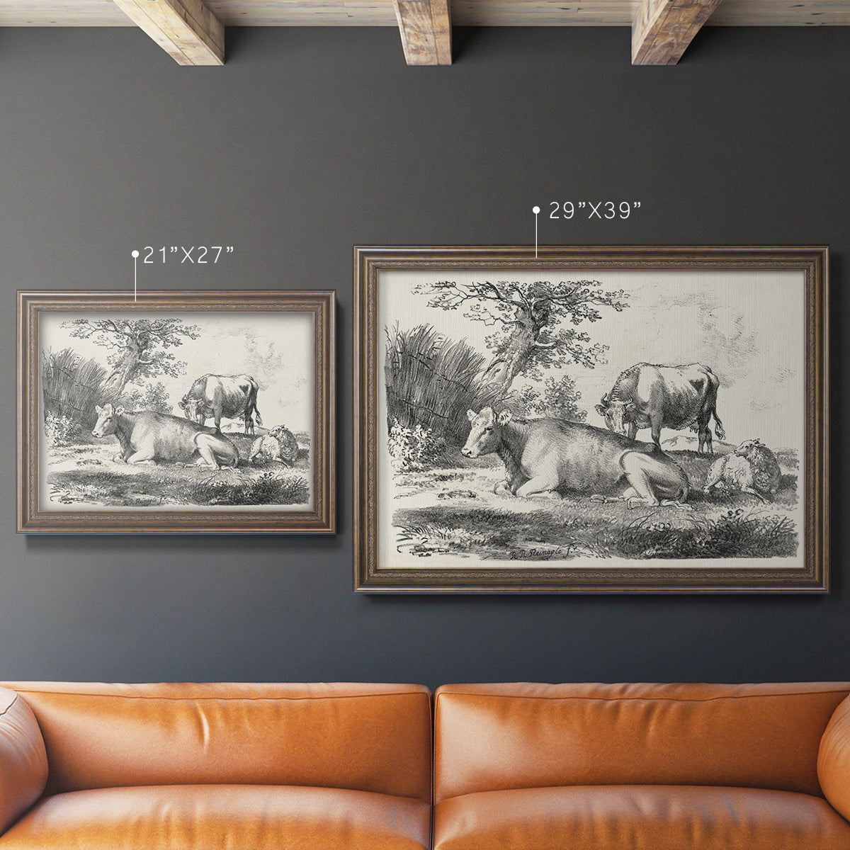 Classical pastoral landscape artwork by Nicolas Berchem in an ornate traditional bronze frame shown in multiple size options.