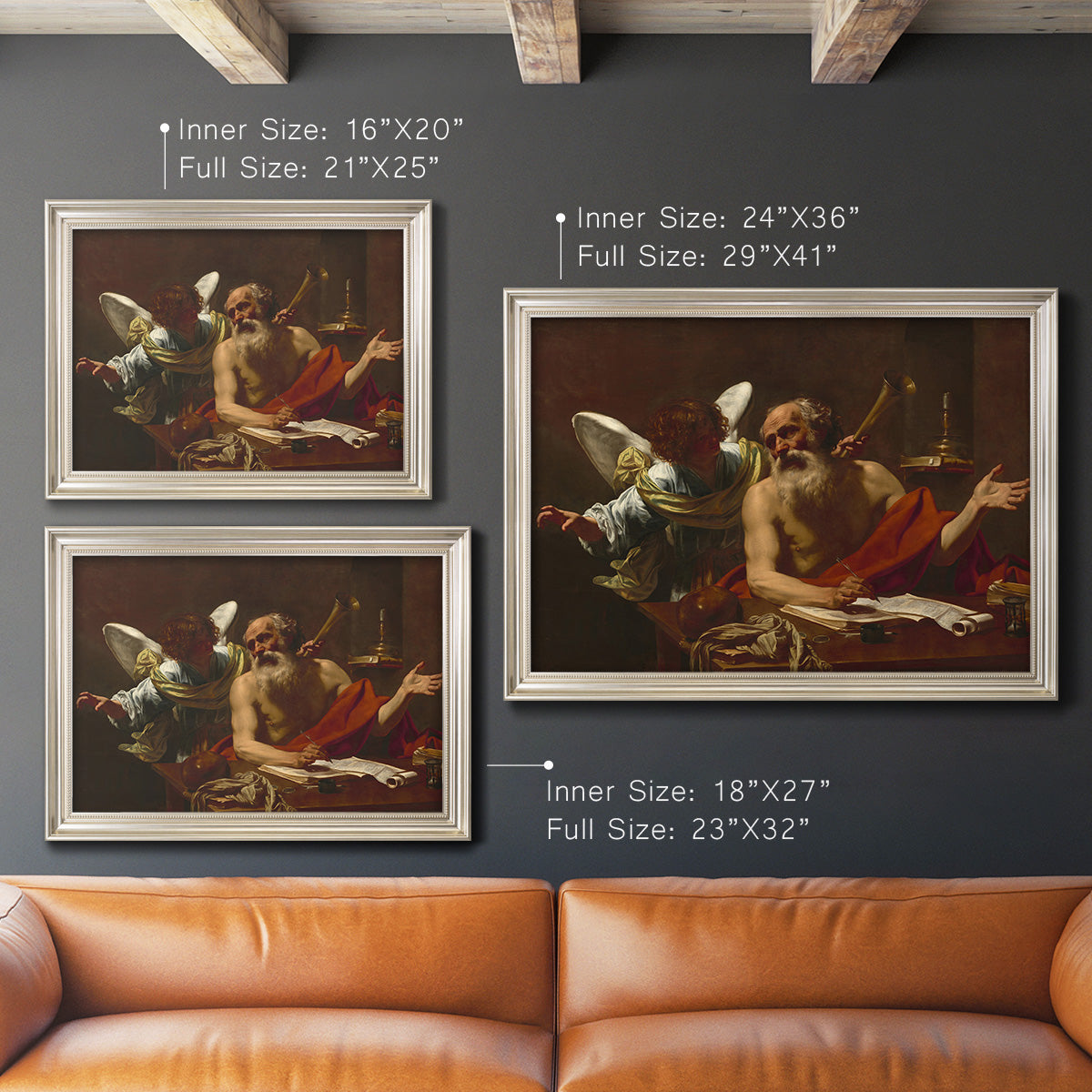 Classical religious painting of Saint Jerome with an angel by Simon Vouet in an ornate champagne frame shown in multiple size options.