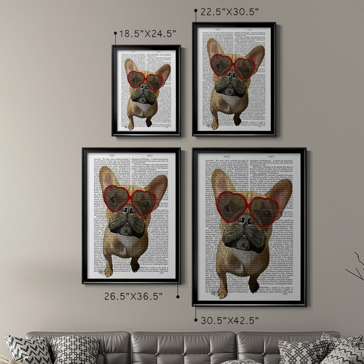 French Bulldog and Heart Glasses - Modern Framed Canvas Print