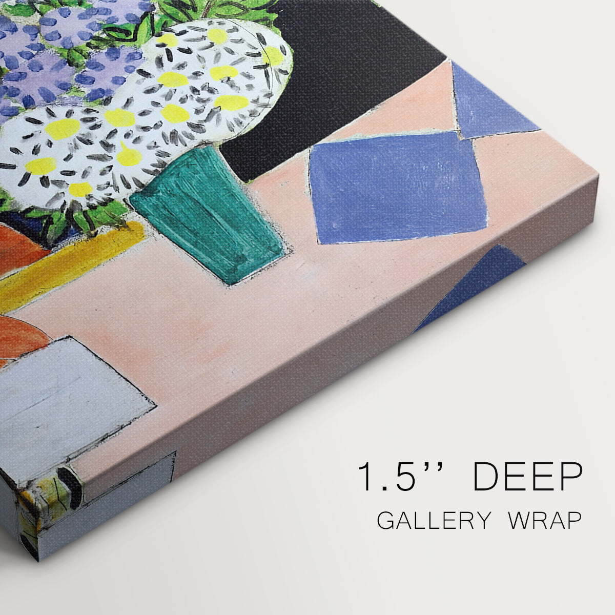 Close-up of a gallery-wrapped canvas corner showing a modern portrait with dark backdrop and vivid tones, highlighting texture and print detail.