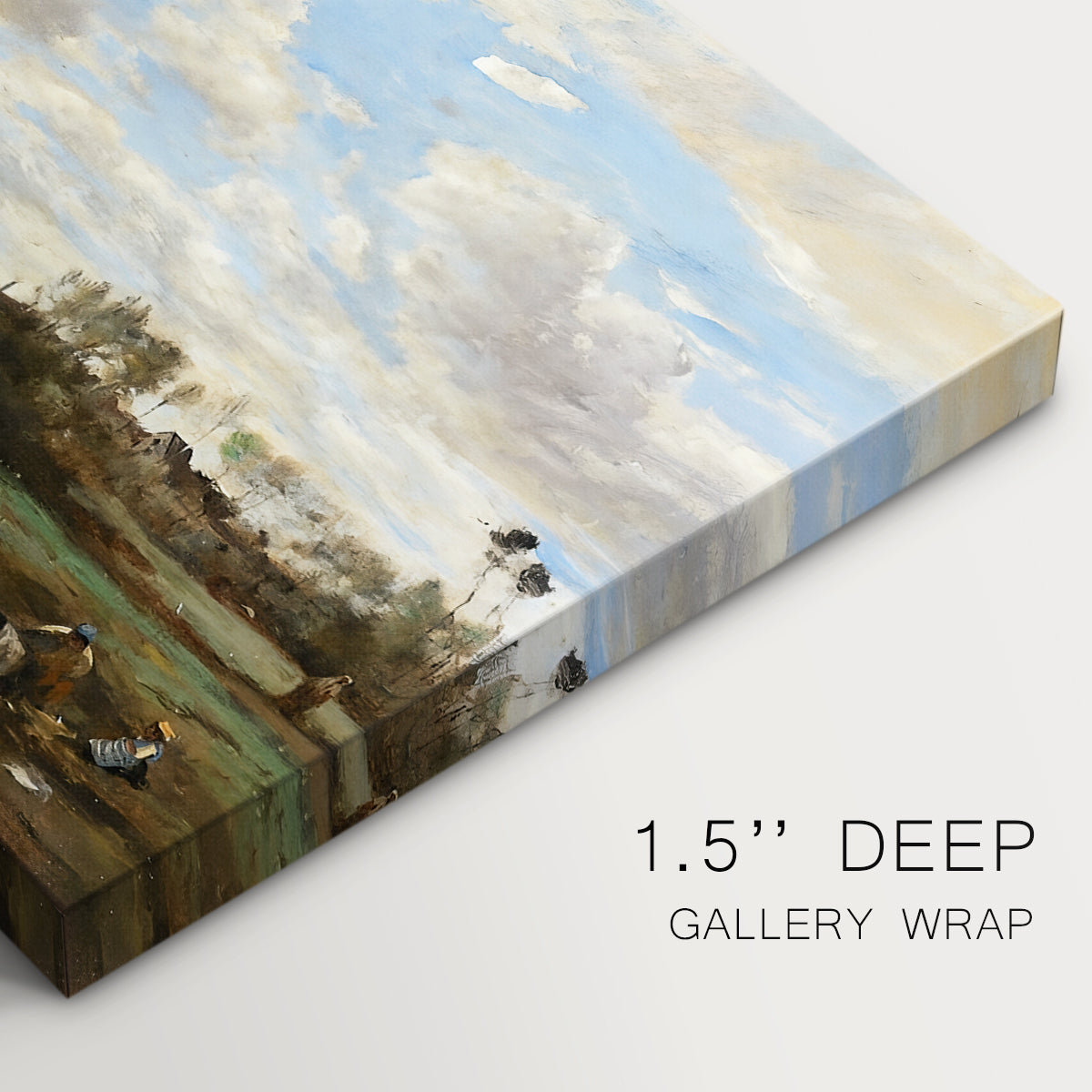 Canvas art print of figures washing clothes beside riverbank surrounded by trees, highlighting texture and gallery-wrapped edges