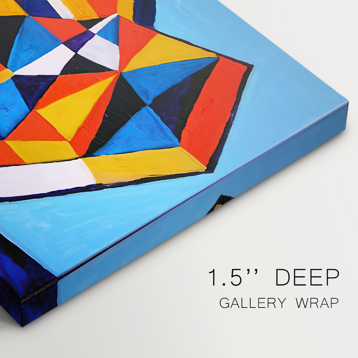 Canvas art print of a fragmented geometric figure composed of colorful shapes, highlighting texture and gallery-wrapped edges