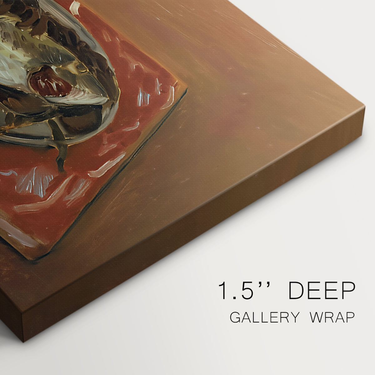 Canvas art print of a fish laid on a table in a simple still life arrangement, highlighting texture and gallery-wrapped edges