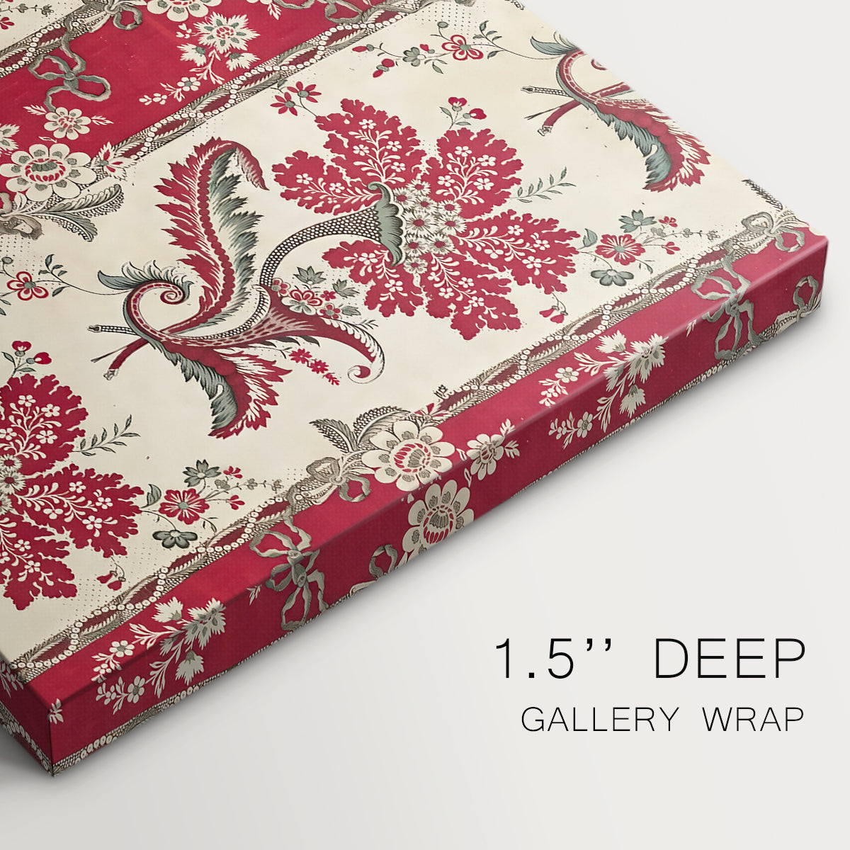 Canvas art print of a repeating pattern with floral arrangements emerging from horn-shaped forms, highlighting texture and gallery-wrapped edges