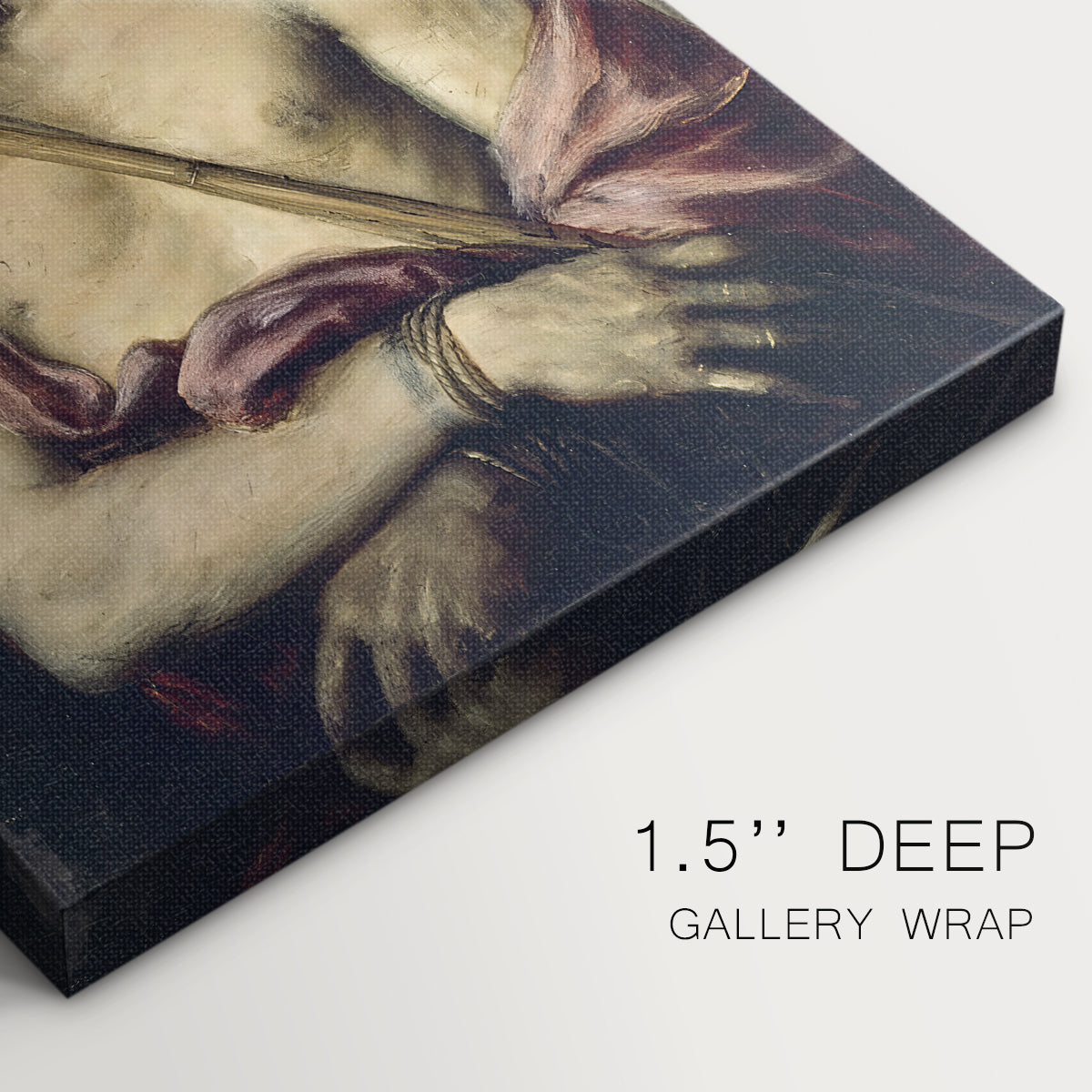Close-up of a gallery-wrapped canvas corner showing a quiet image with strong contrast and depth, highlighting texture and print detail.