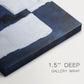 Abstract artwork featuring a contrast of navy blue and white shapes on canvas