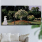 Three-panel canvas wall art featuring woman seated in garden landscape, displayed in a living room above a sofa.