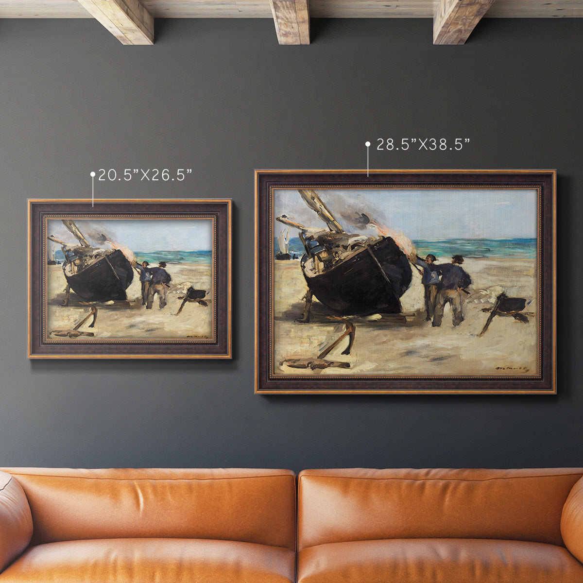 Impressionist nautical work scene by Édouard Manet in an ornate bronzed mahogany wood frame shown in multiple size options.