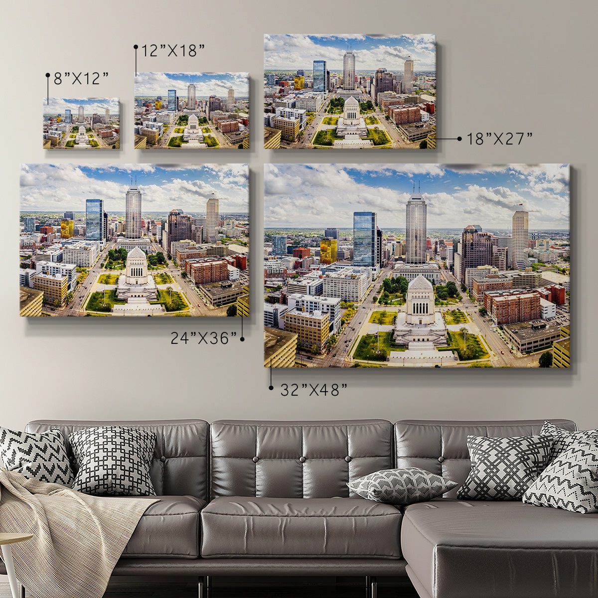 Sunny Indiana Statehouse and Indianapolis skyline Premium Gallery Wrapped Canvas - Ready to Hang