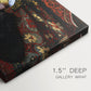 Close-up of a gallery-wrapped canvas corner showing a dark interior with expressive detail, highlighting texture and print detail.