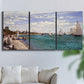 Three-panel canvas wall art featuring river basin with boats, displayed in a living room above a sofa.