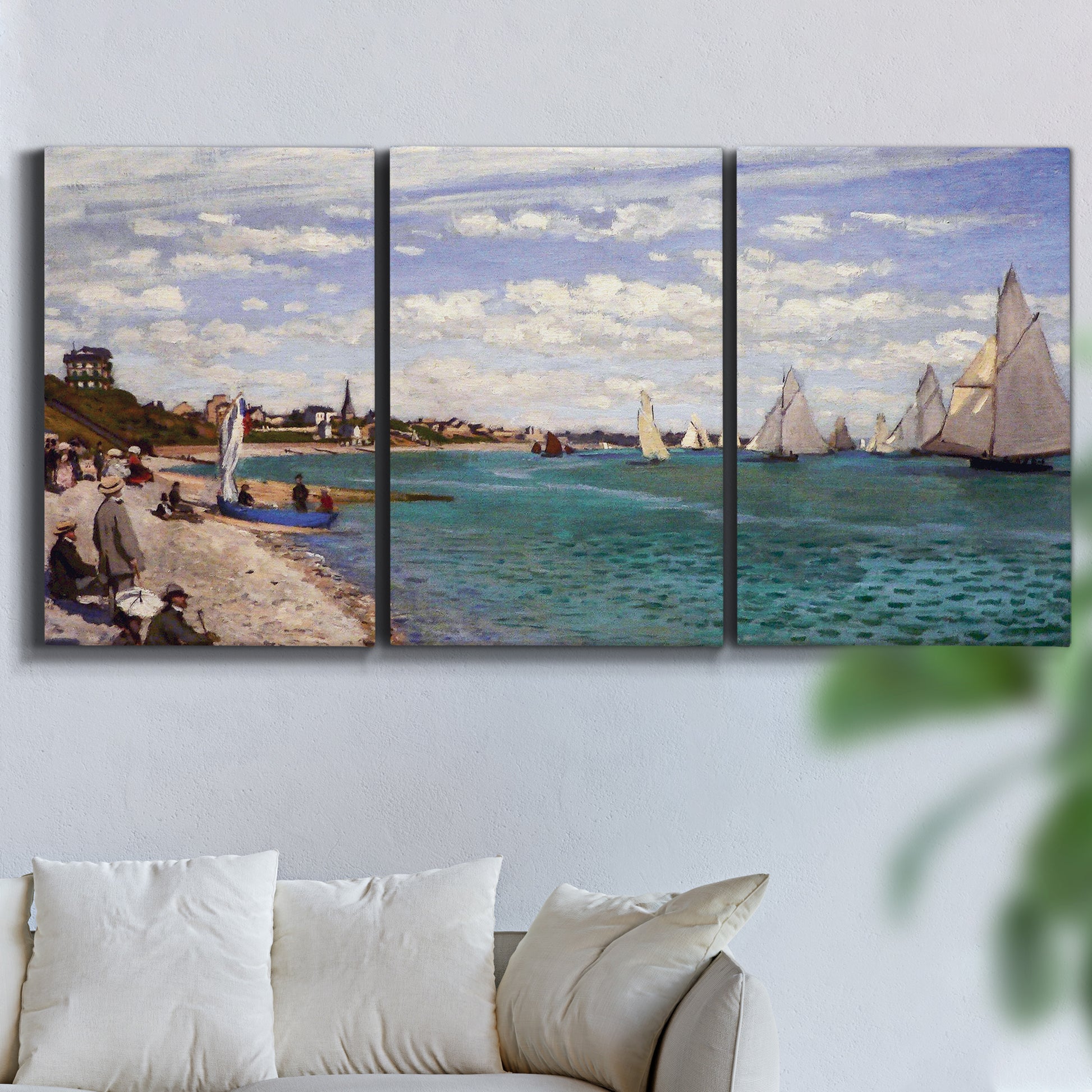 Three-panel canvas wall art featuring river basin with boats, displayed in a living room above a sofa.