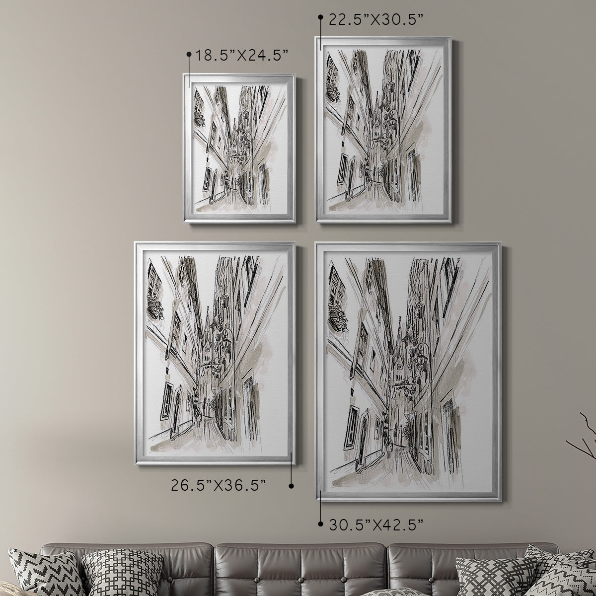 Europe Street Sketches III - Modern Framed Canvas Print